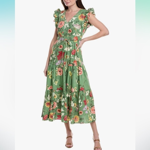 Anne Klein Poplin Maxi Dress Green Floral Tiered Cottagecore Boho Petite L - Picture 1 of 11